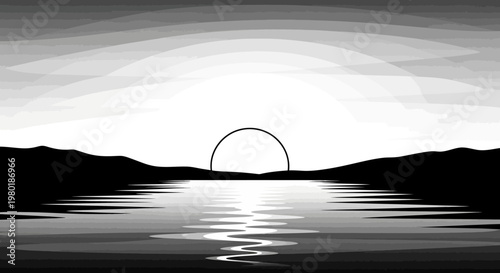 Abstract grayscale landscape with sun reflecting on water illustration