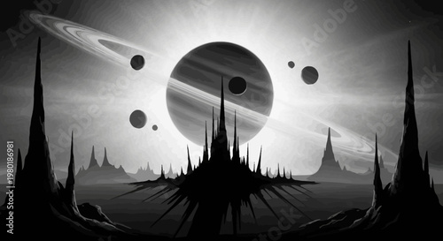 Abstract illustration of a celestial landscape with planets and ring system