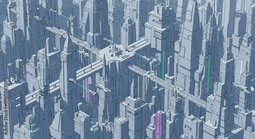 Abstract illustration of a futuristic metropolis with towering skyscrapers