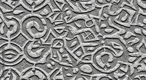 Abstract stone relief texture with intricate carved patterns and detail