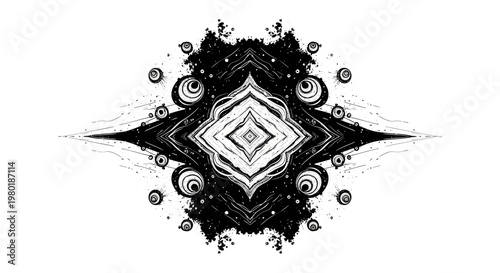 Abstract symmetrical black and white design with repeating patterns on white background