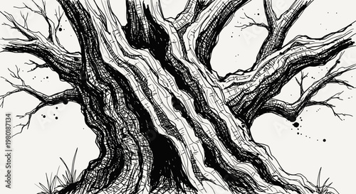 Ancient tree illustration black and white style drawing isolated nature concept
