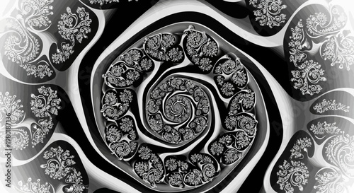 Abstract spiral pattern in black and white with artistic floral details