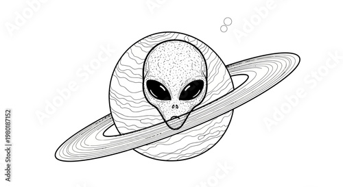 Alien head with planet rings graphic illustration on white background