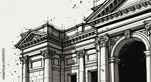 Architectural illustration of a classical building exterior in sketch style
