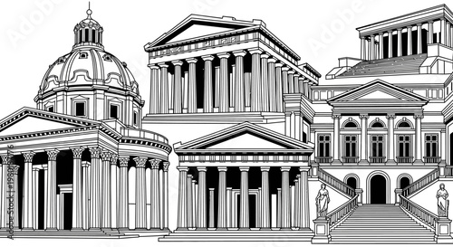 Architectural illustration of ancient buildings with columns and domes
