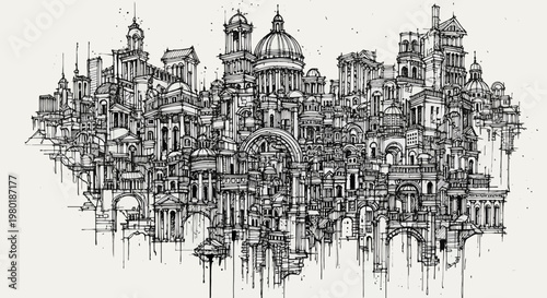 Architectural illustration of a detailed cityscape in black and white