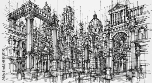 Architectural illustration of grand buildings and structures in detailed sketch