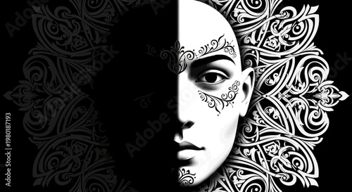 Artistic depiction of a face with floral ornamentation in black and white