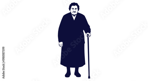 Elderly man standing with a cane for support and balance daily