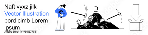 Cryptocurrency mining, blockchain technology, digital currency, financial transactions, innovation, and data processing. A miner holding a pickaxe near blockchain assets. Cryptocurrency mining