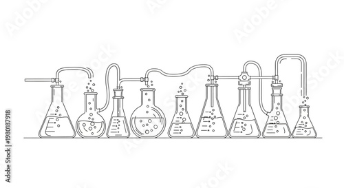 Line Art Illustration of Scientific Laboratory Experiment with Interconnected Glassware, Flasks, Beakers, and Tubes for Chemical Process