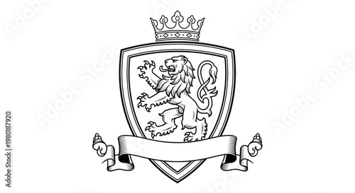 Monochrome Heraldic Crest with Rampant Lion, Crown, and Shield. Classic Royal Emblem Vector for Vintage Design.