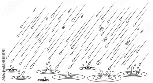 Line art illustration of rain falling into puddles, creating splashes and ripples, depicting a wet weather scene