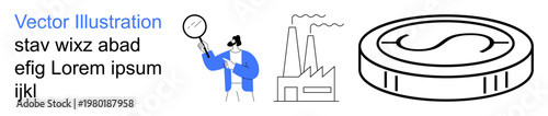 Economic trends, industry analysis, financial strategy, monetary growth, investment potential, corporate management. Coin, factory and researcher ion. Economic trends and industry analysis concepts