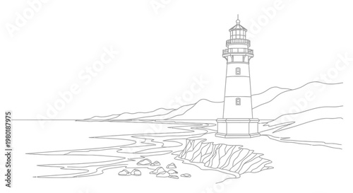 Detailed line art illustration of a classic lighthouse on a rocky coastline with ocean waves and distant mountains, minimalist vector graphic