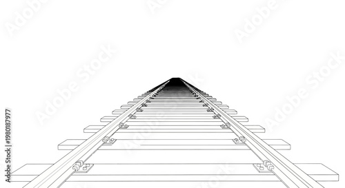 Outline drawing of railway tracks receding into the distance, representing perspective, journey, and the future. Vector line art.