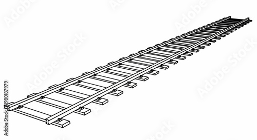 Detailed black line art drawing of a straight railroad track receding into the distance, minimalist vector illustration on a white background.