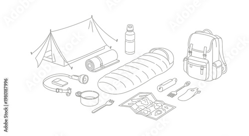 Isometric Line Art Illustration of Essential Camping Gear and Outdoor Adventure Equipment Set. Outline Vector for Hiking.