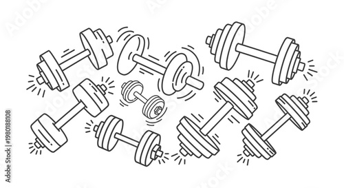 Dynamic Fitness Equipment Doodle: Black and White Line Art Illustration of Assorted Dumbbells and Barbells for Strength Training