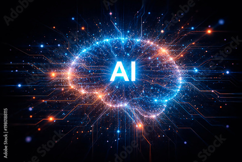Artificial intelligence brain network concept with glowing circuitry connections, digital synapses, machine learning architecture, neural processing pathways.