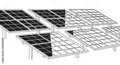 Solar Panel Array Illustration with Shading and Sunlight. Renewable Energy, Green Technology, and Efficiency Concept.