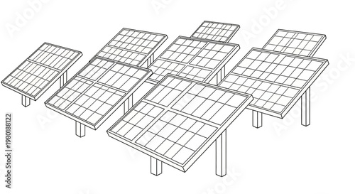 Vector outline illustration of a solar panel array for renewable energy, sustainable power, clean electricity, and green technology.