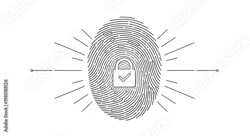 Biometric fingerprint security concept with padlock and checkmark icon. Digital identity authentication for secure access and data privacy.