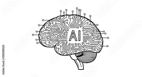 Artificial Intelligence brain with circuit board pattern and 'AI' text, symbolizing machine learning, neural networks, and digital processing.