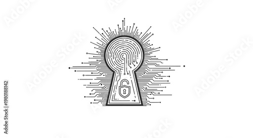 Digital keyhole security concept with biometric fingerprint scan and circuit board elements for secure access.