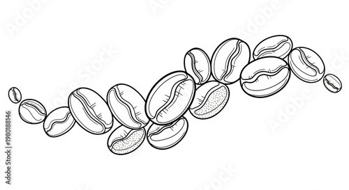 Artistic Hand-Drawn Coffee Beans Illustration in Dynamic Wavy Pattern. Monochrome Sketch for Cafe Design Element