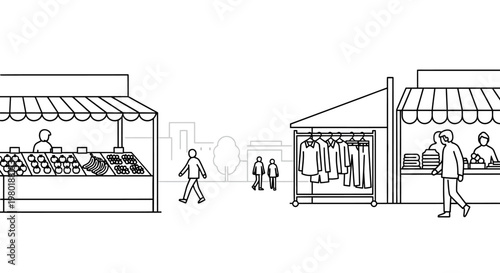 Outdoor Street Market Scene Line Art Illustration. People Shopping and Selling Fresh Produce and Clothing at Stalls.