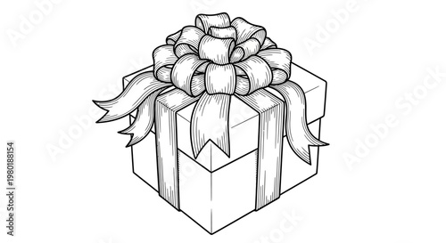 Hand-Drawn Gift Box with Ornate Bow - Black and White Line Art Sketch Illustration for Celebrations