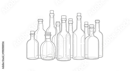 Outline illustration of various empty clear glass bottles and jars for beverages, spirits, or oils, on a clean white background.