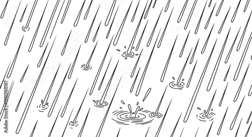 Falling Rain Drops Pattern Vector Illustration. Black and white graphic cartoon style depiction of heavy rain with water splashes and ripples.