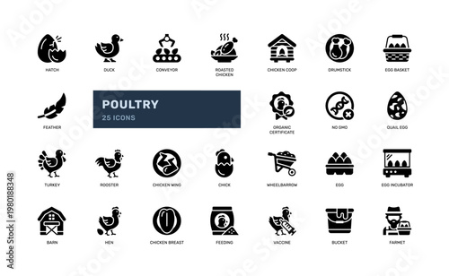 Poultry Solid Glyph Icon Set Farm Chicken Livestock Farming Sign