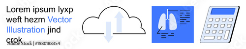 Cloud computing, medical diagnostics, data processing, healthcare analytics, education tools, digital resources. Cloud with arrows, lung graphic calculator icon. Cloud computing and medical
