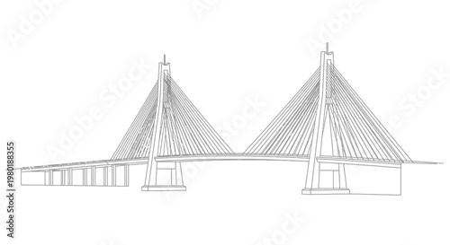 Modern cable-stayed bridge wireframe drawing. Detailed architectural outline of a large infrastructure project for engineering design.