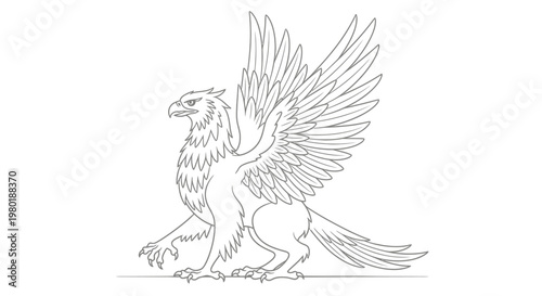 Detailed line art illustration of a majestic griffin with outstretched wings, mythical beast concept. Vector outline drawing.