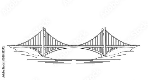 Minimalist Line Art Illustration of a Suspension Bridge Spanning Water, an Iconic Architectural Structure and Engineering Marvel
