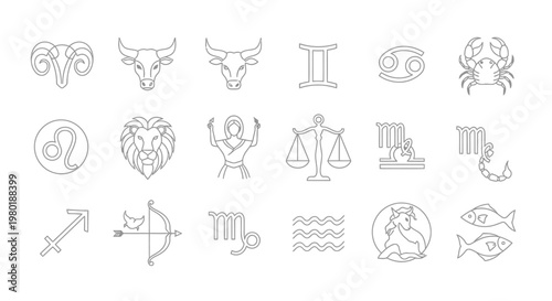 Zodiac astrology signs vector icons collection. Set of twelve outline line art symbols for horoscope, spirituality, and celestial designs.