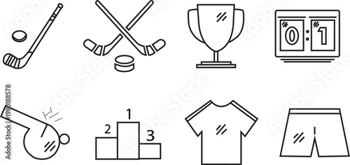 Hockey Game and Match Line Icons – Scoreboard, Trophy, Equipment Outline Vector Set