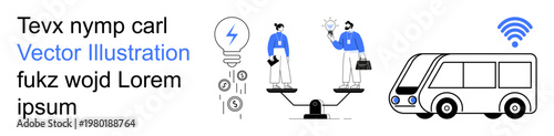 Technology, innovation, balance, connectivity, energy efficiency, urban mobility. Businesspeople on balance scales, energy icons wireless signal bus illustration. Technology and urban mobility