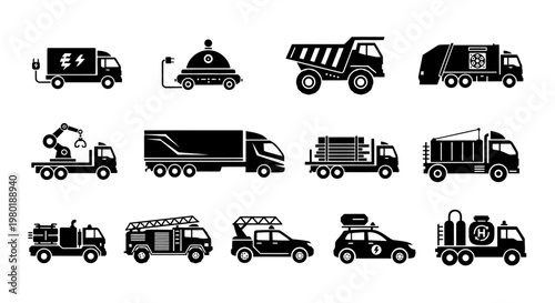 Futuristic Truck Silhouette Icon Set Collection Black Vector 12 Unique Designs 4K