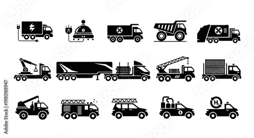 Set of 15 different truck silhouettes representing modern logistics, industrial transport, and future mobility concepts. Includes electric, AI-powered, construction, military