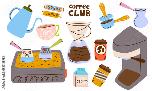 Coffee equipment and tools vector set. Pour Over coffee maker, Espresso machine, Turkish coffee maker on sand, kettle, cezve. Clipart for icon, sticker, cafe menu, kitchen decor