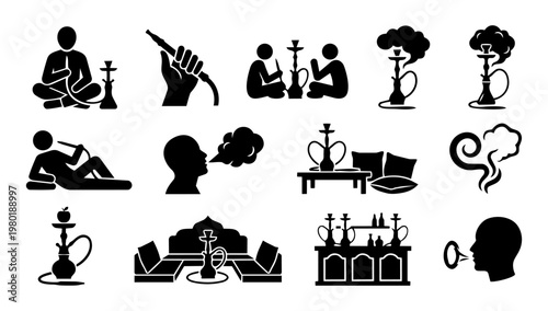 Hookah Lifestyle Silhouette Set, Shisha Smoking Scenes and Lounge Culture Icons, Relaxation and Hookah Bar Vector