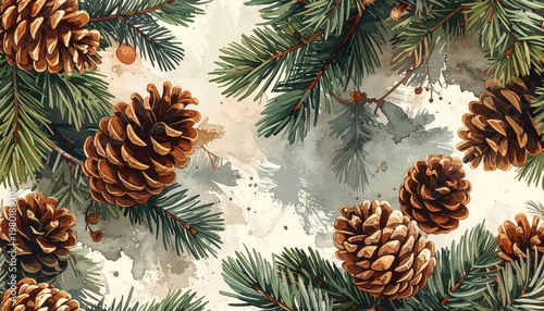 Pinecones and branches with needles on a rustic surface with subtle texture
