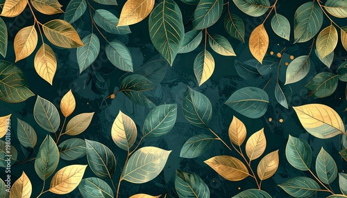 Vibrant gold and green leaves scatter across a dark background in a natural setting.