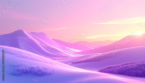 Vibrant purple sunset shines over serene snowy mountain landscape with gentle hills.